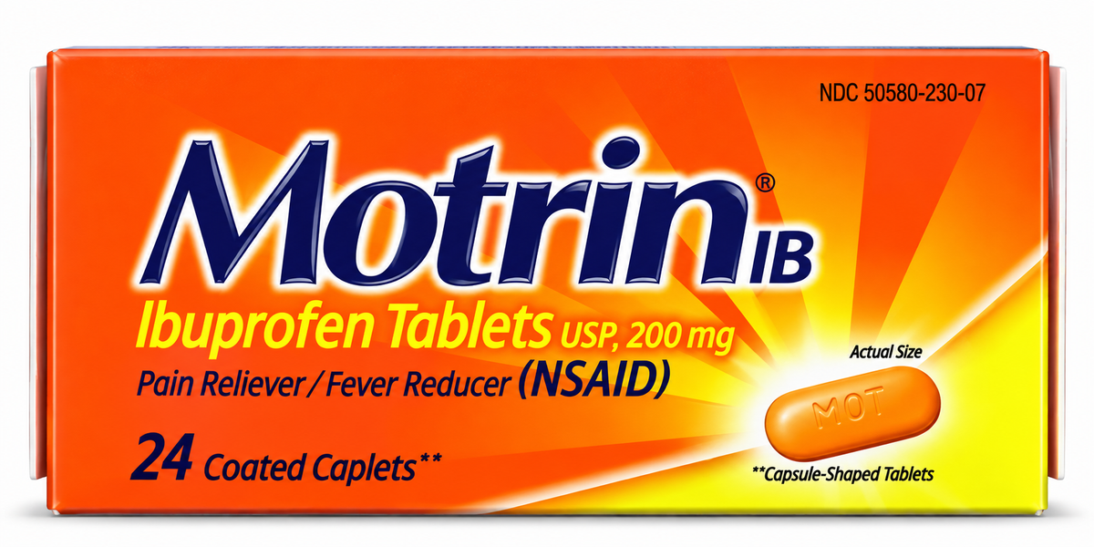 Motrin IB Ibuprofen 200 mg Pain Reliever Fever Reducer 24 coated caplets