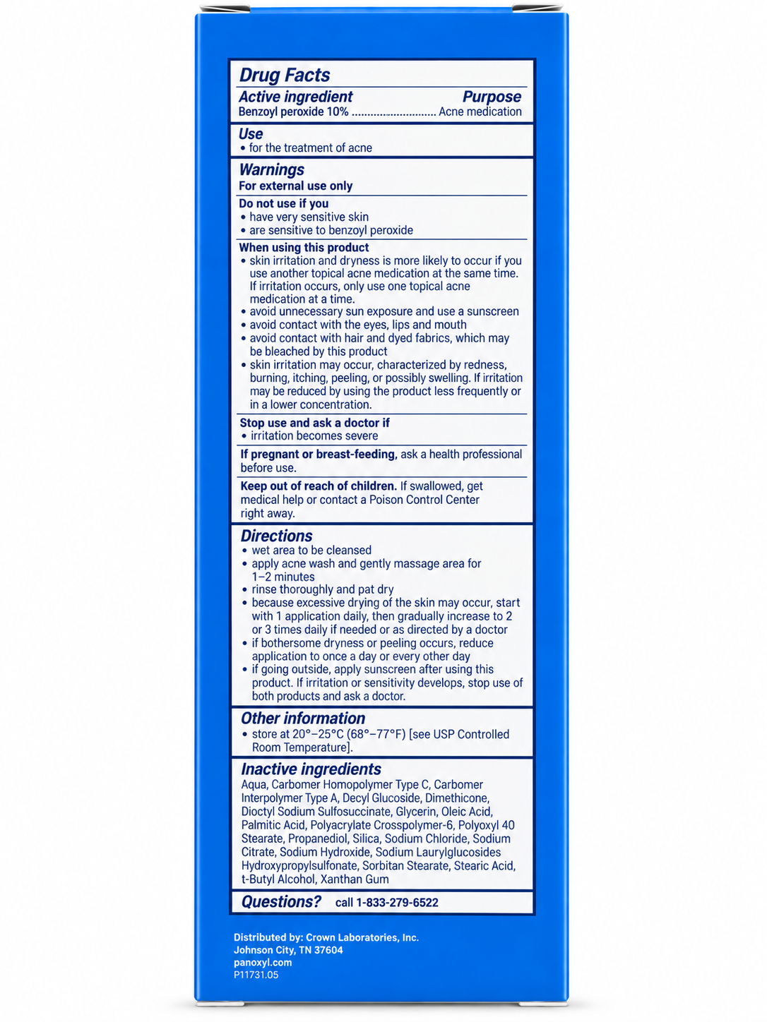 PanOxyl Acne Foaming Wash 10% Benzoyl Peroxide Drug Facts side panel