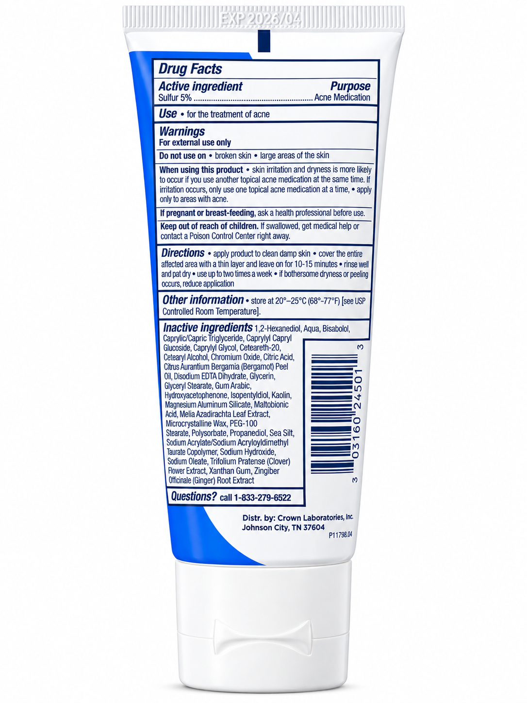 PanOxyl Pore Refining Acne Mask 5% Sulfur Drug Facts back