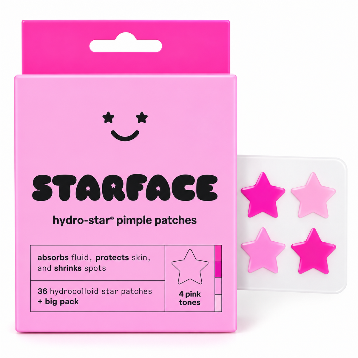 Starface Hydro-Star pink big pack with 36 hydrocolloid star pimple patches in four pink tones