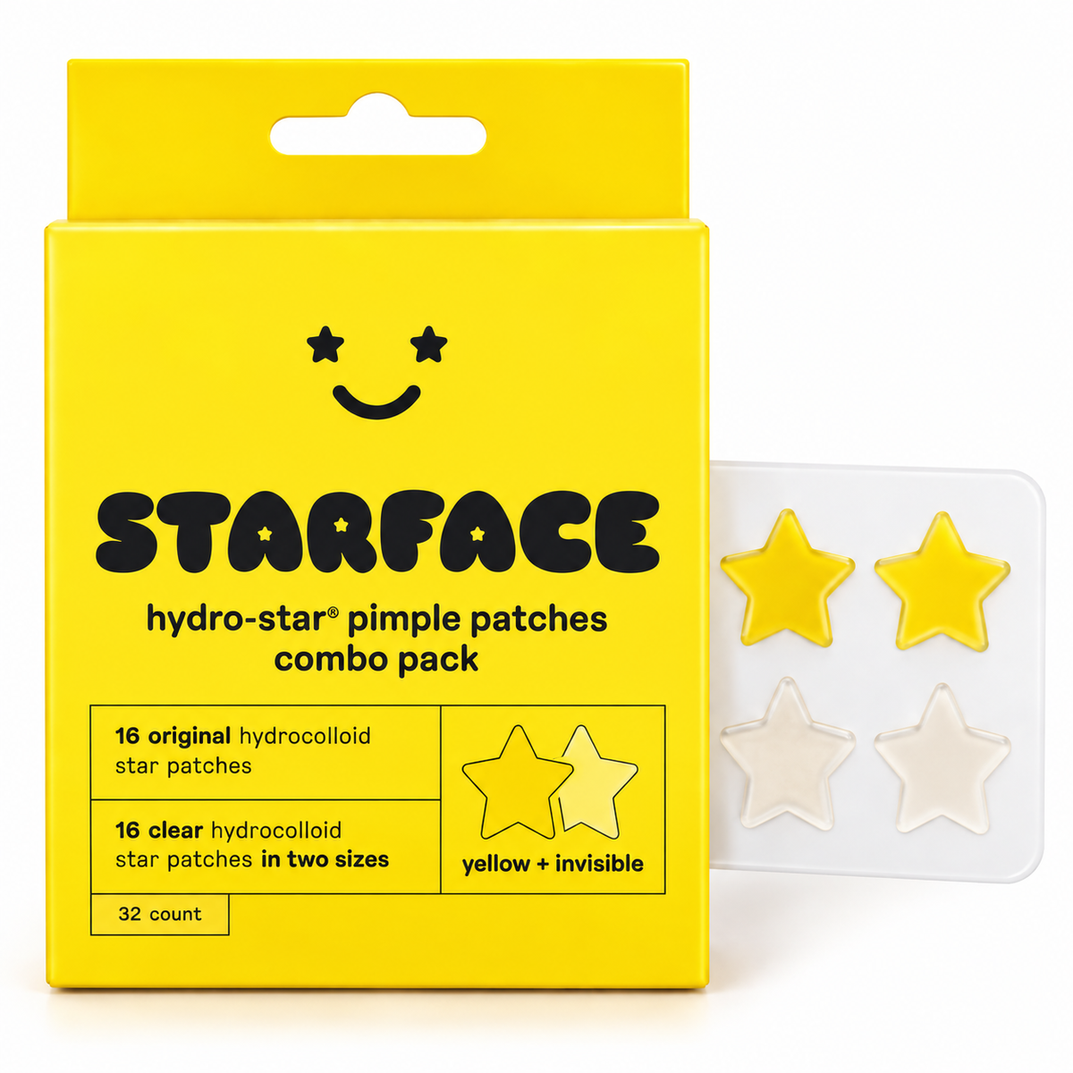 Starface Hydro-Star yellow combo pack with 16 original hydrocolloid and 16 clear hydrocolloid star patches