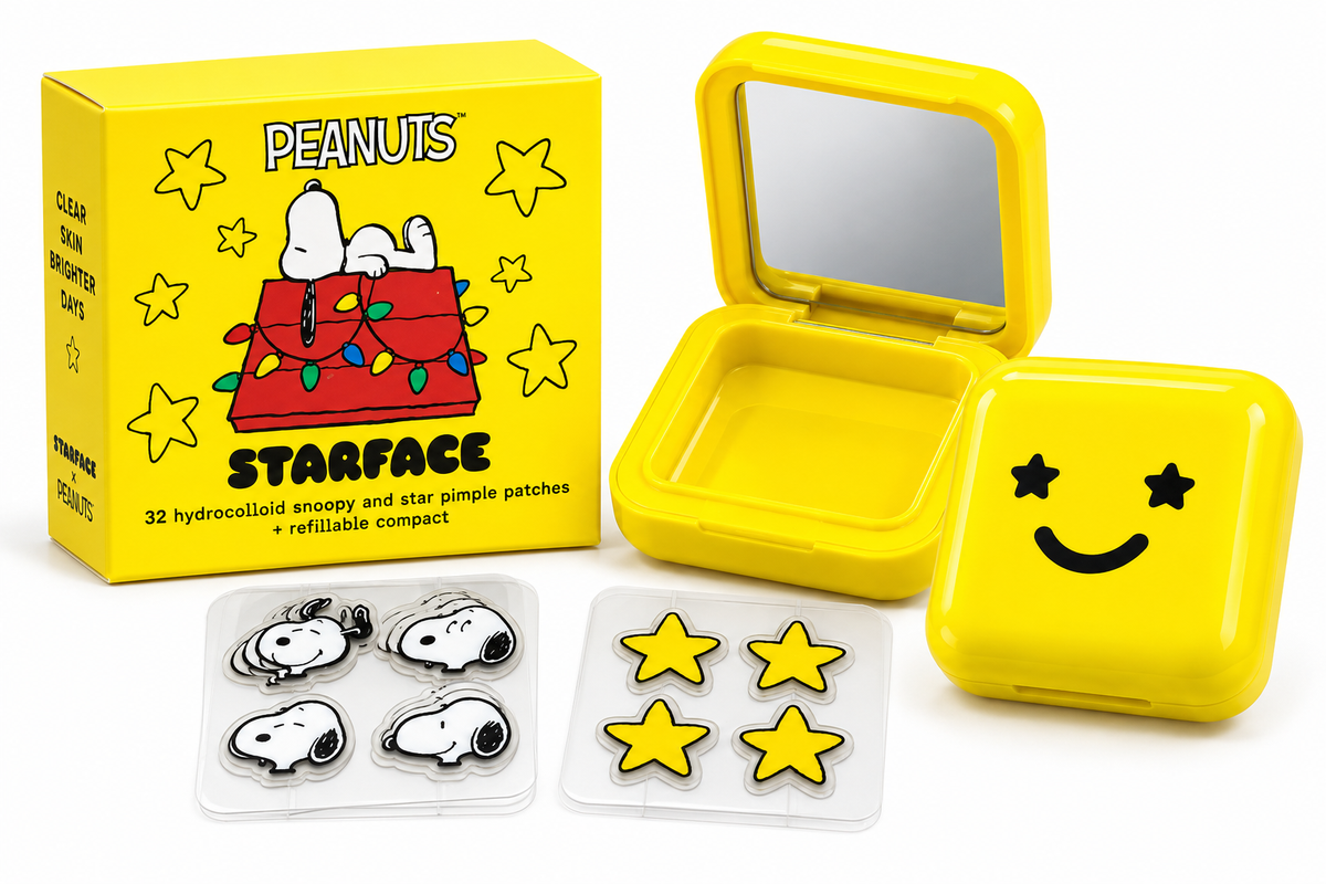 Starface x Peanuts Snoopy refillable compact with Snoopy and star hydrocolloid pimple patches