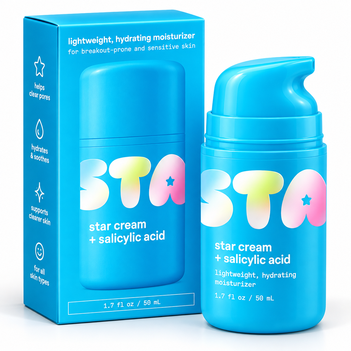 Starface Star Cream plus Salicylic Acid lightweight hydrating facial moisturizer with box and pump bottle