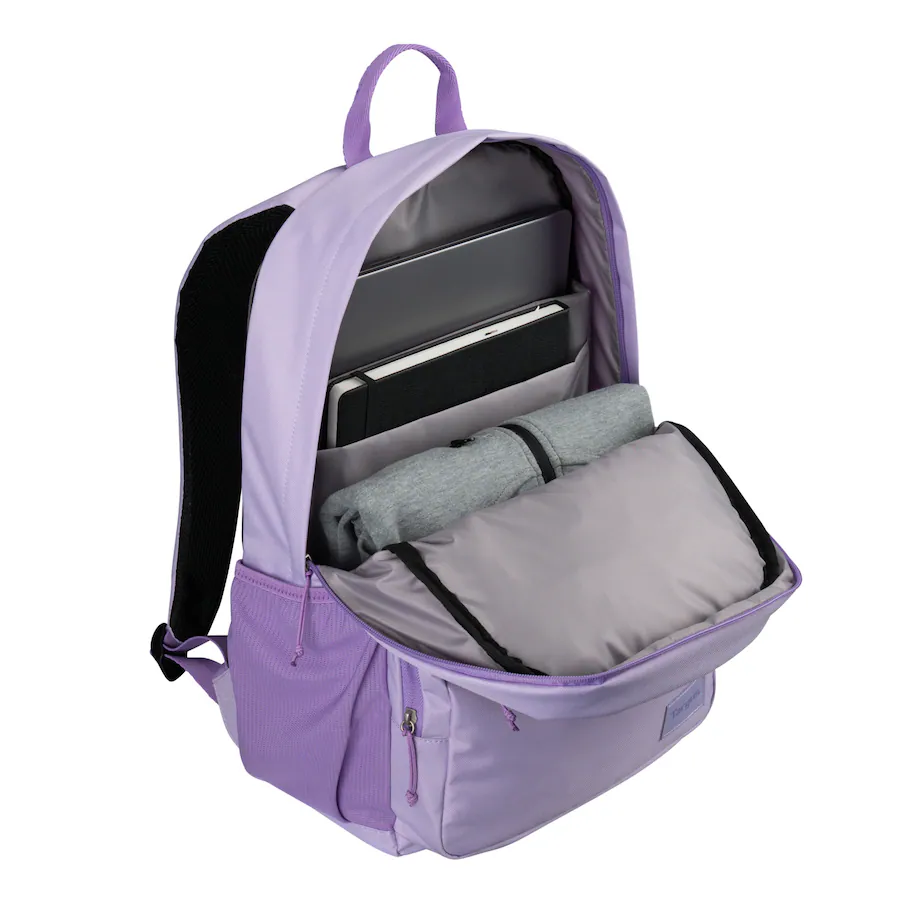 Targus 15.6 inch Slate Backpack Purple open interior and laptop compartment