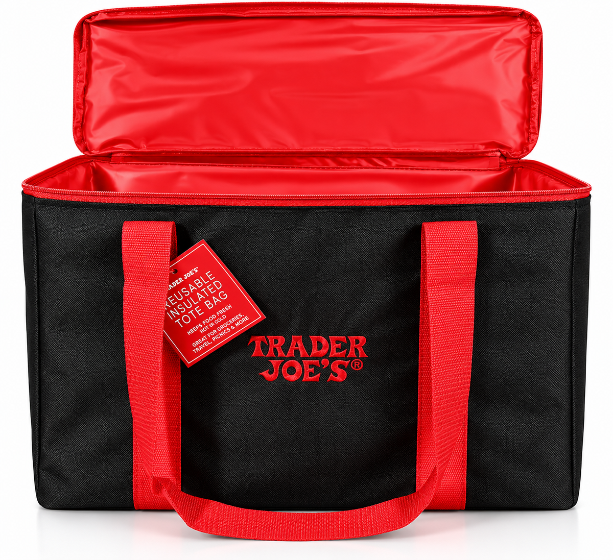 Trader Joe's large reusable insulated bag in black with red handles and red insulated lining