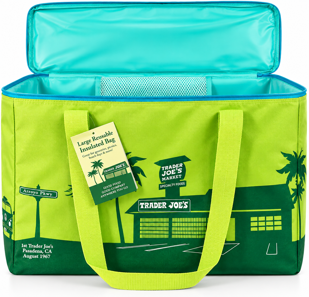 Trader Joe's large reusable insulated bag in green with turquoise lining and Pasadena store artwork