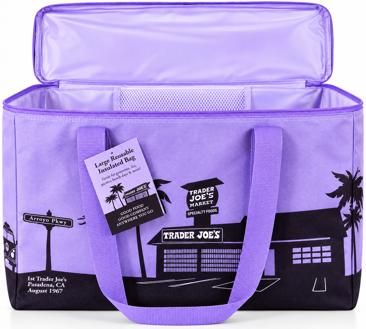 Trader Joe's large reusable insulated bag in lavender purple with Pasadena store artwork