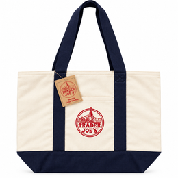 Trader Joe's reusable cotton canvas tote bag in cream with navy straps and navy base