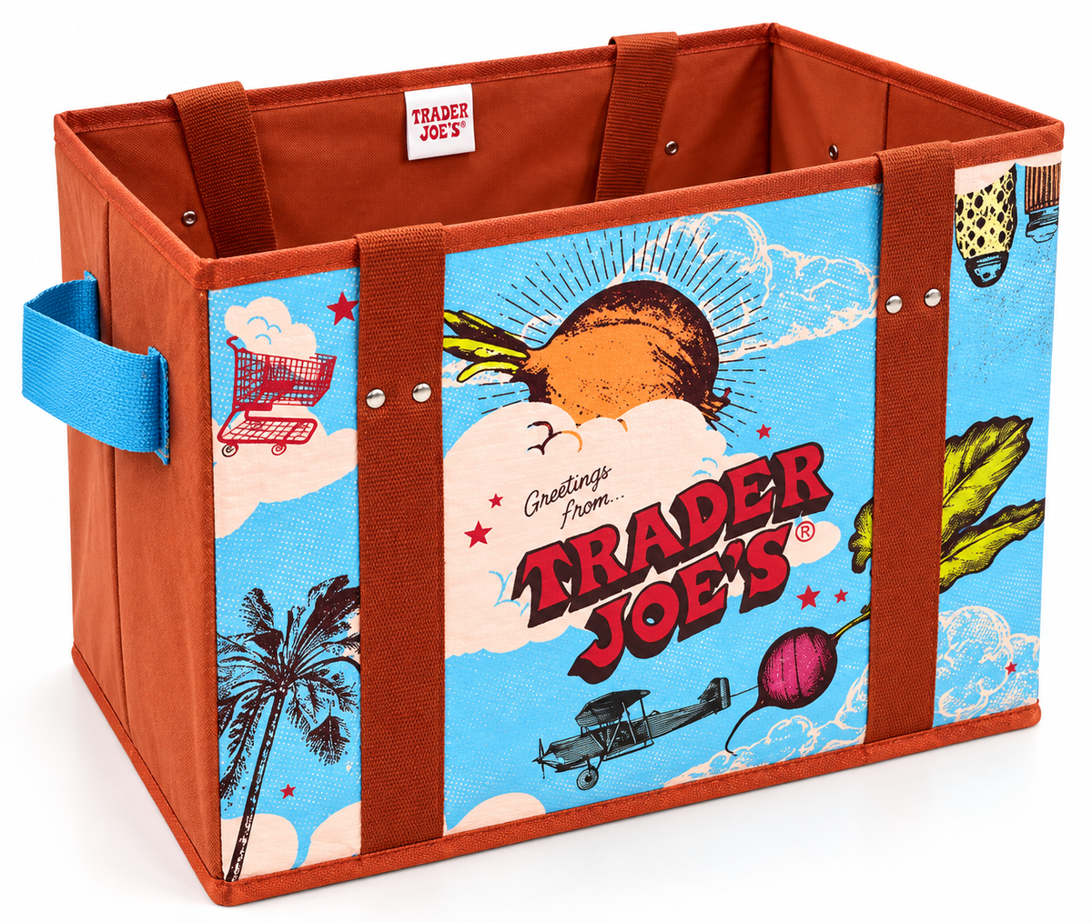 Trader Joe's Stand-Up Collapsible Grocery Tote Bag Greetings From design angled view