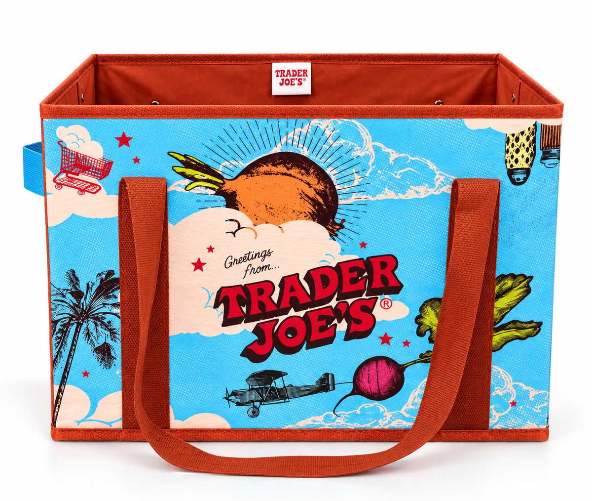 Trader Joe's Stand-Up Collapsible Grocery Tote Bag Greetings From design front view