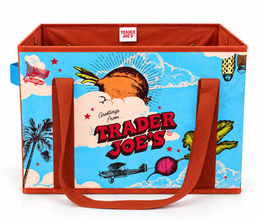 Trader Joe's Stand-Up Collapsible Grocery Tote Bag Greetings From design front view